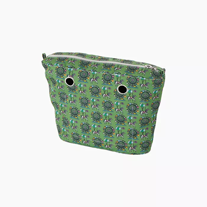 O bag Mini su žaliu vidiniu krepšiu ir baltomis eko odos rankenomis